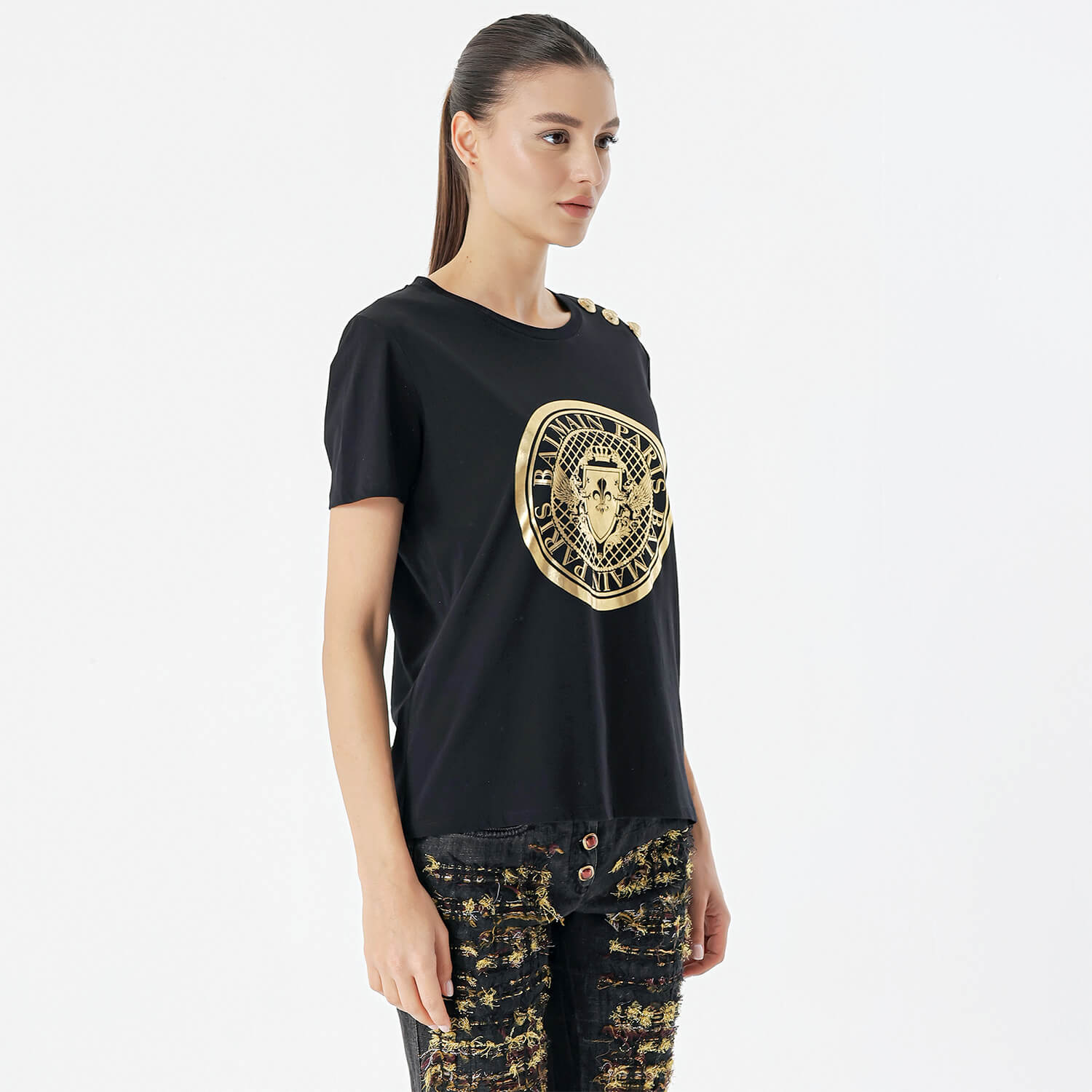 Balmain - Black Cotton Gold Coin Foiled Print With Shoulder Button T-shirt